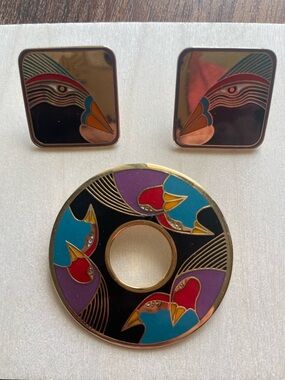 Laurel Burch earring and brooch set. Vintage 1980’s